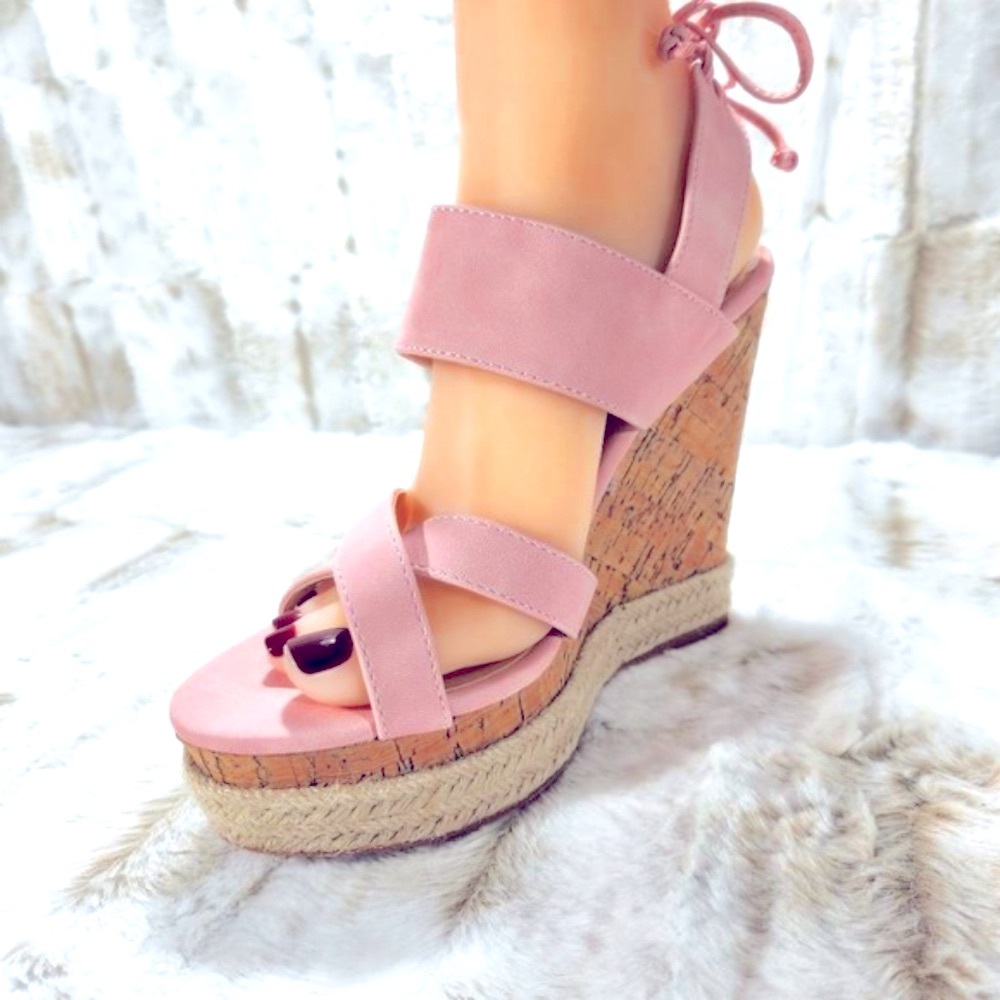 ☆ Soft Pink Blush Cork Espadrille Wedge Platform Heels Sizes Varies
